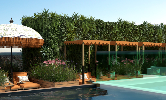 Rooftop outdoor pool area with sun loungers